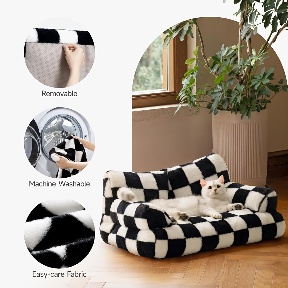 Plush Pet Sofa Bed - Black & White Checkered