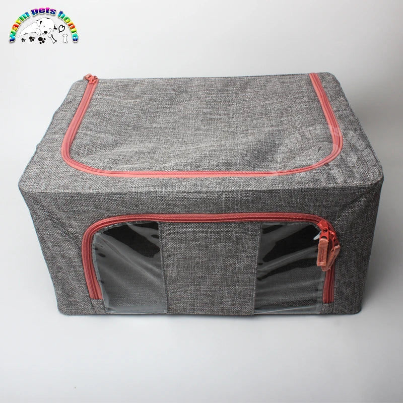 Gray pet carrier with red zipper on a white background