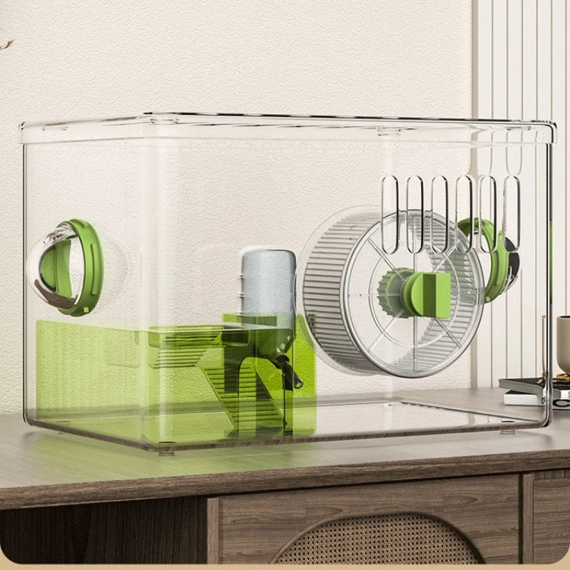 Acrylic Hamster Cage Transparent Habitat with Silent Running Wheel Large Space Enclosure for Hamster Easy-Clean Animal Home