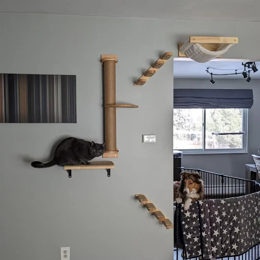 Wall Mounted Cat Climbing Ladder with Sisal Scratching Post & Hammock