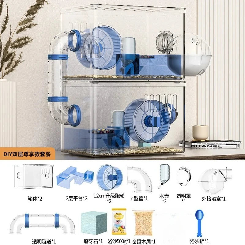 Acrylic Hamster Cage Transparent Habitat with Silent Running Wheel Large Space Enclosure for Hamster Easy-Clean Animal Home