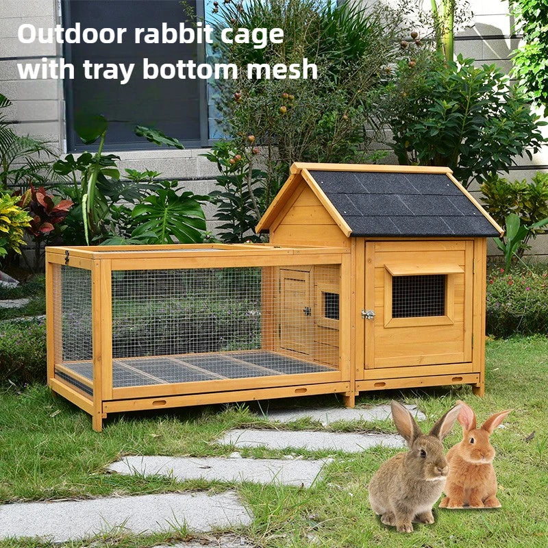 Outdoor Solid Wood Rabbit Cage - Multi-Level Hutch with Anti-Spray Design & Drawer