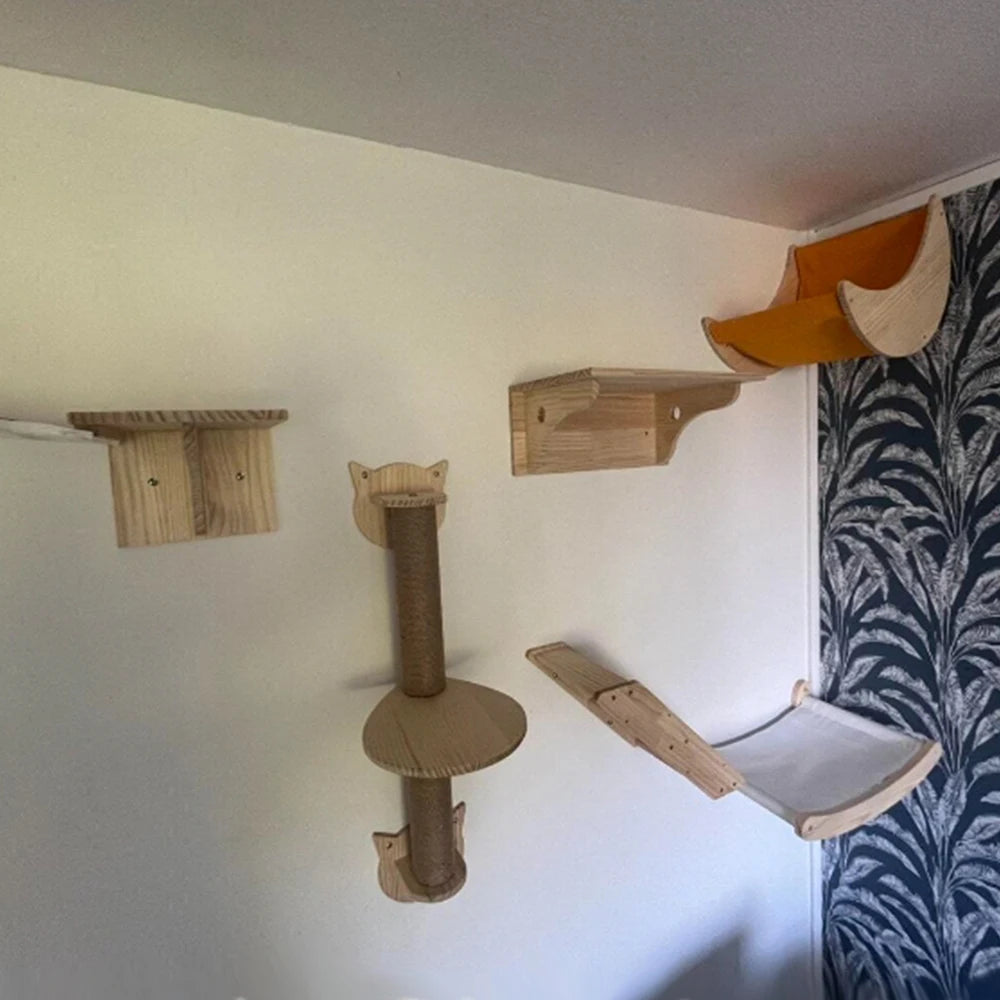 Wall Mounted Cat Climbing Ladder with Sisal Scratching Post & Hammock