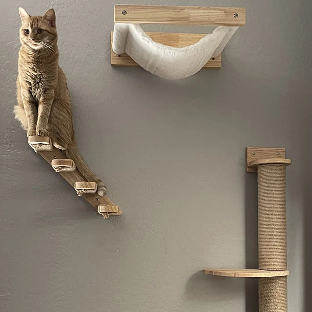 Cat Wall Furniture Wall-Mounted Cat Climber Set with Cat Wall Shelves  Perches Condo House Ladder Scratching Board & Tree   Wood