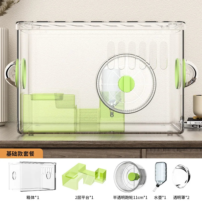 Acrylic Hamster Cage Transparent Habitat with Silent Running Wheel Large Space Enclosure for Hamster Easy-Clean Animal Home