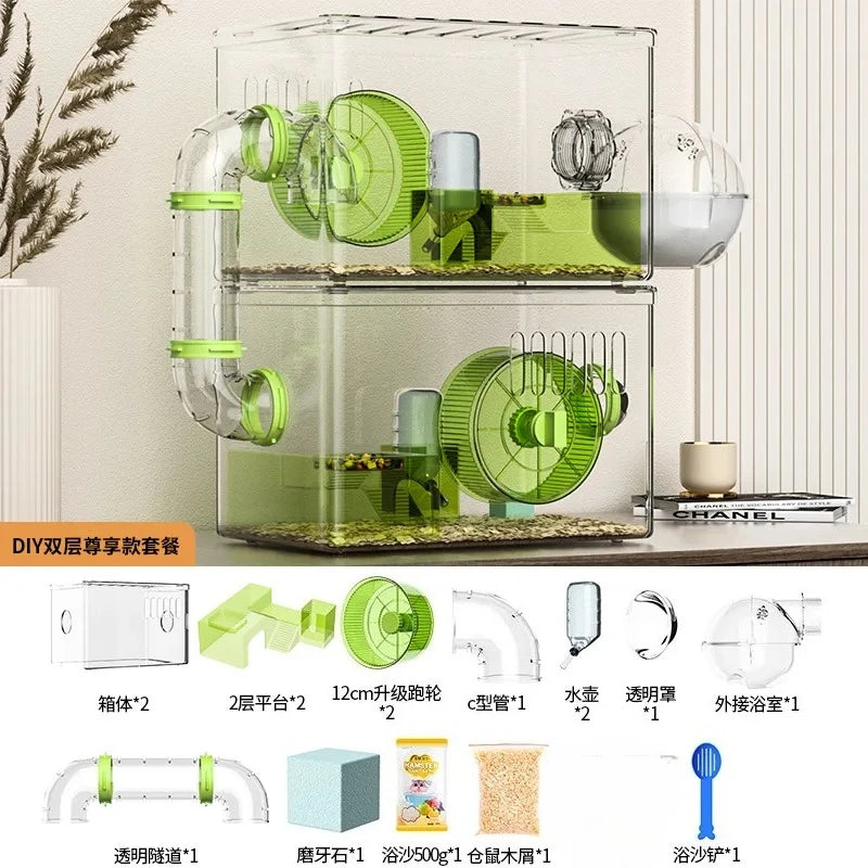 Acrylic Hamster Cage Transparent Habitat with Silent Running Wheel Large Space Enclosure for Hamster Easy-Clean Animal Home