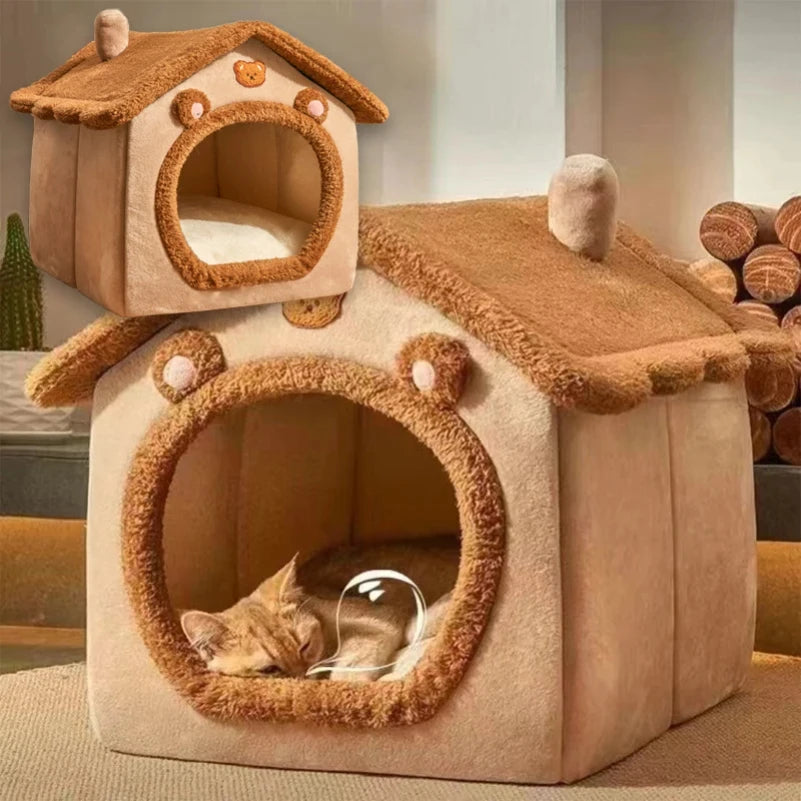 Foldable pet house bed with removable washable cover for cats and small dogs
