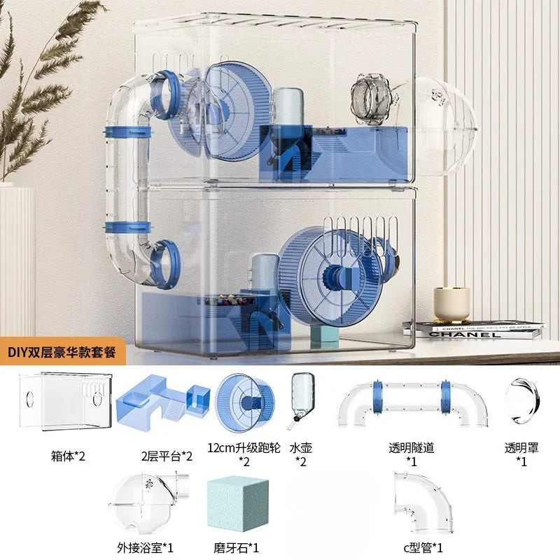 Acrylic Hamster Cage Transparent Habitat with Silent Running Wheel Large Space Enclosure for Hamster Easy-Clean Animal Home