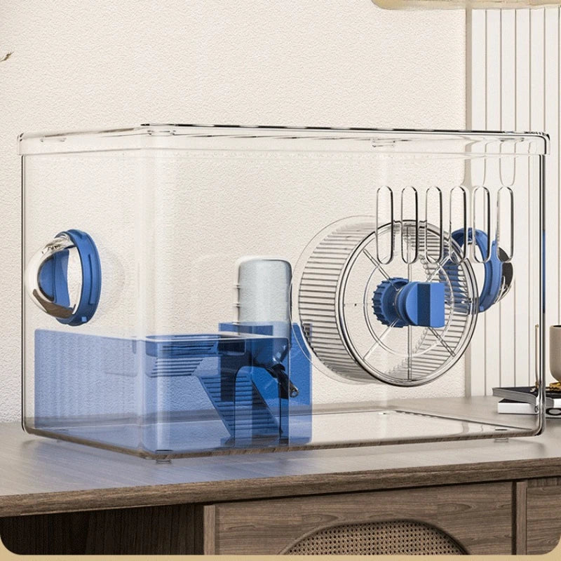 Acrylic Hamster Cage Transparent Habitat with Silent Running Wheel Large Space Enclosure for Hamster Easy-Clean Animal Home