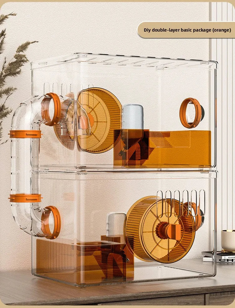 Acrylic Hamster Cage Transparent Habitat with Silent Running Wheel Large Space Enclosure for Hamster Easy-Clean Animal Home