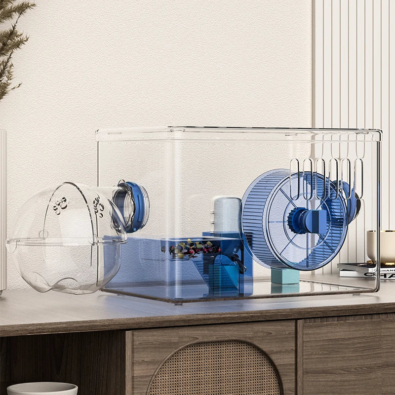 Acrylic Hamster Cage Transparent Habitat with Silent Running Wheel Large Space Enclosure for Hamster Easy-Clean Animal Home