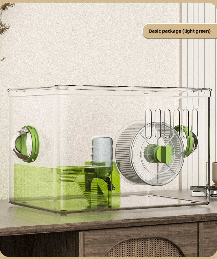 Acrylic Hamster Cage Transparent Habitat with Silent Running Wheel Large Space Enclosure for Hamster Easy-Clean Animal Home