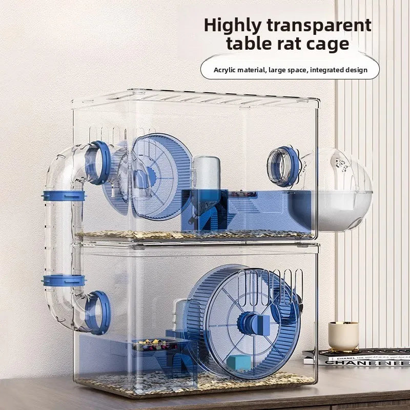 Transparent rat cage with wheels and a bowl on a table