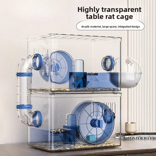 Transparent rat cage with wheels and a bowl on a table