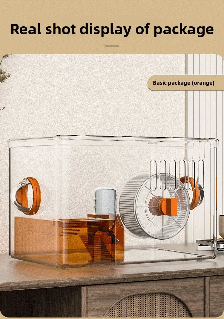 Acrylic Hamster Cage Transparent Habitat with Silent Running Wheel Large Space Enclosure for Hamster Easy-Clean Animal Home
