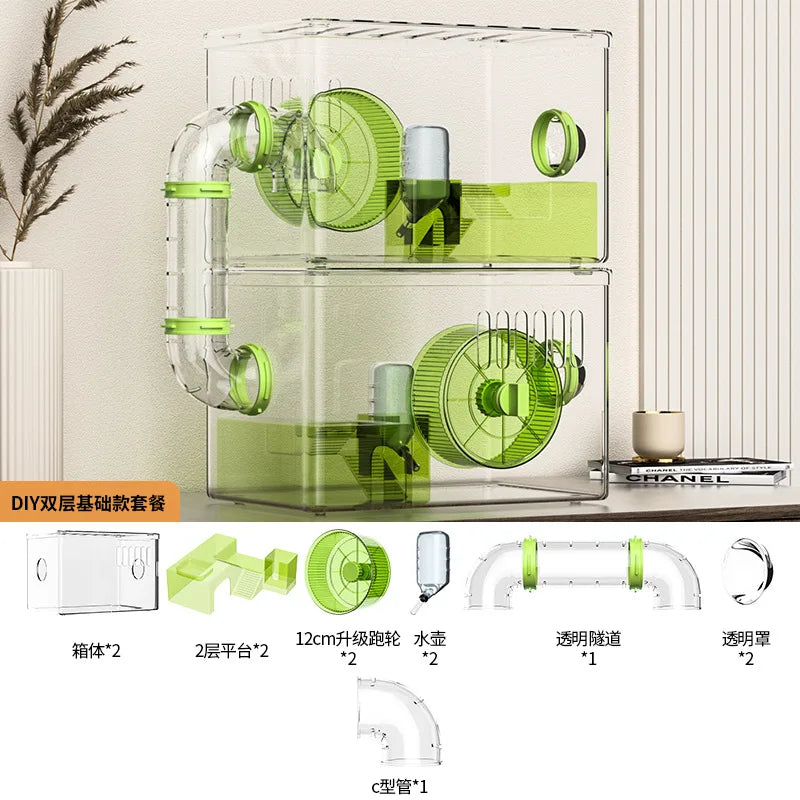 Acrylic Hamster Cage Transparent Habitat with Silent Running Wheel Large Space Enclosure for Hamster Easy-Clean Animal Home