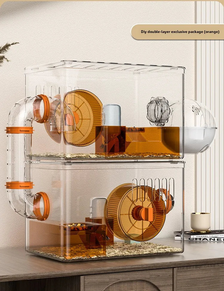 Acrylic Hamster Cage Transparent Habitat with Silent Running Wheel Large Space Enclosure for Hamster Easy-Clean Animal Home