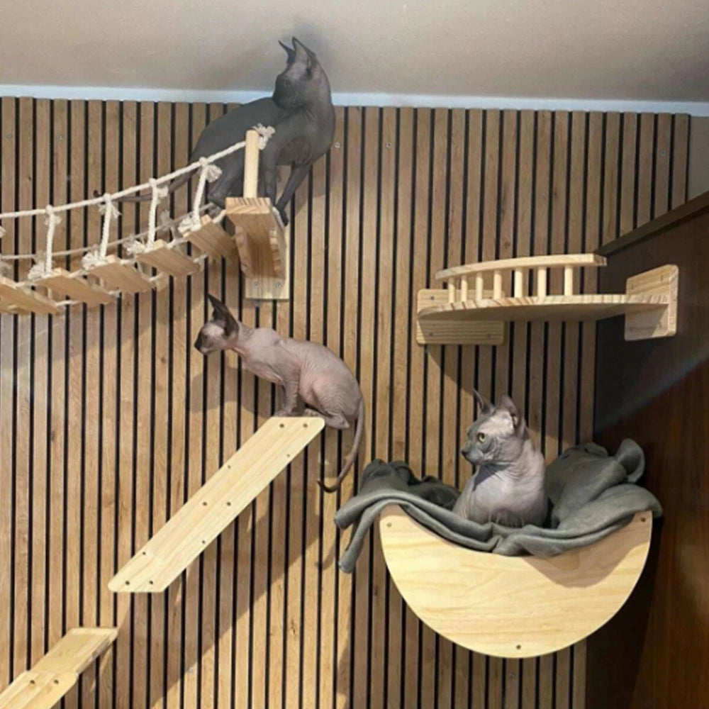 Wall Mounted Cat Climbing Ladder with Sisal Scratching Post & Hammock