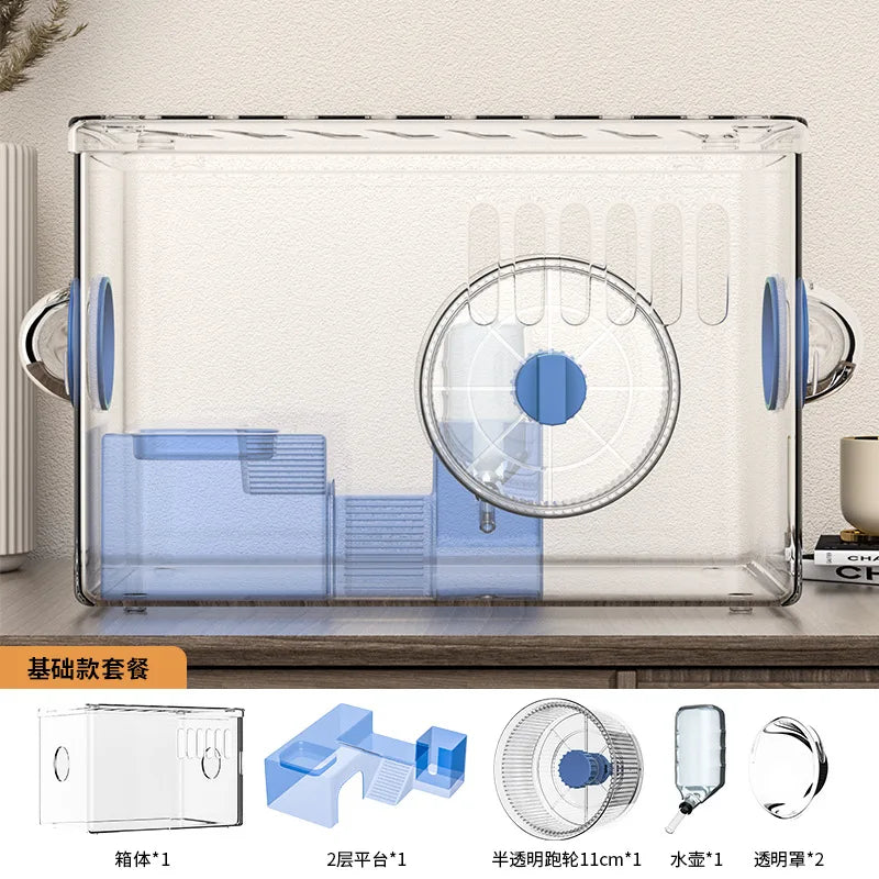 Acrylic Hamster Cage Transparent Habitat with Silent Running Wheel Large Space Enclosure for Hamster Easy-Clean Animal Home