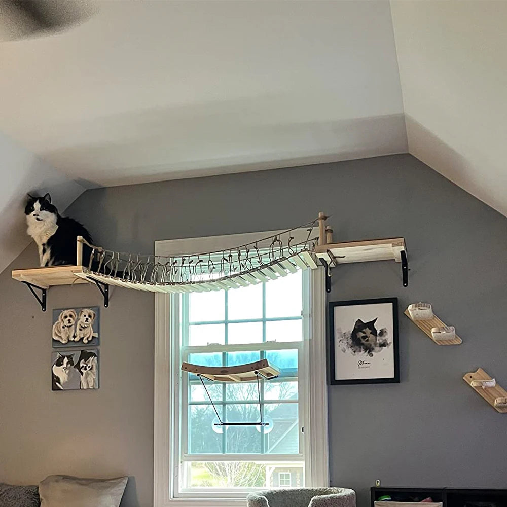 Wall Mounted Cat Climbing Ladder with Sisal Scratching Post & Hammock