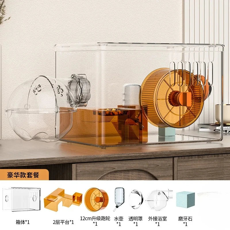 Acrylic Hamster Cage Transparent Habitat with Silent Running Wheel Large Space Enclosure for Hamster Easy-Clean Animal Home