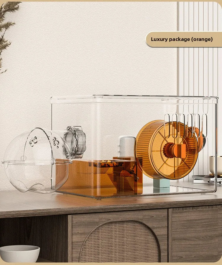Acrylic Hamster Cage Transparent Habitat with Silent Running Wheel Large Space Enclosure for Hamster Easy-Clean Animal Home