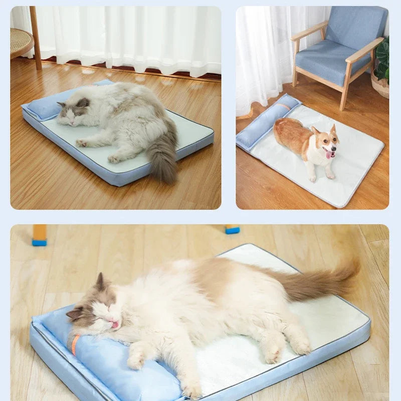 Summer Cooling Dog Bed For Large Medium Dog Puppy Orthopedic Memory Foam Mat With Pillow Breathable Waterproof Washable