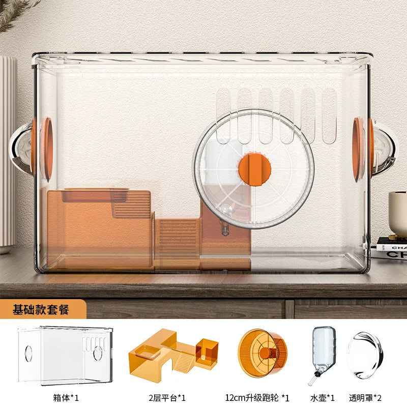 Acrylic Hamster Cage Transparent Habitat with Silent Running Wheel Large Space Enclosure for Hamster Easy-Clean Animal Home