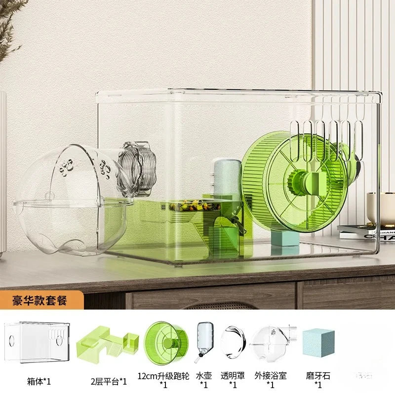 Acrylic Hamster Cage Transparent Habitat with Silent Running Wheel Large Space Enclosure for Hamster Easy-Clean Animal Home