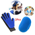 Blue pet grooming glove with black accents, shown with a dog and cat illustrations, on a white background.