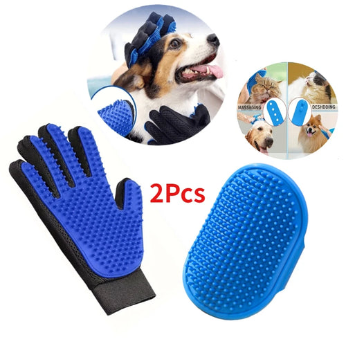 Blue pet grooming glove with black accents, shown with a dog and cat illustrations, on a white background.