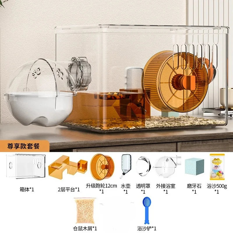 Acrylic Hamster Cage Transparent Habitat with Silent Running Wheel Large Space Enclosure for Hamster Easy-Clean Animal Home