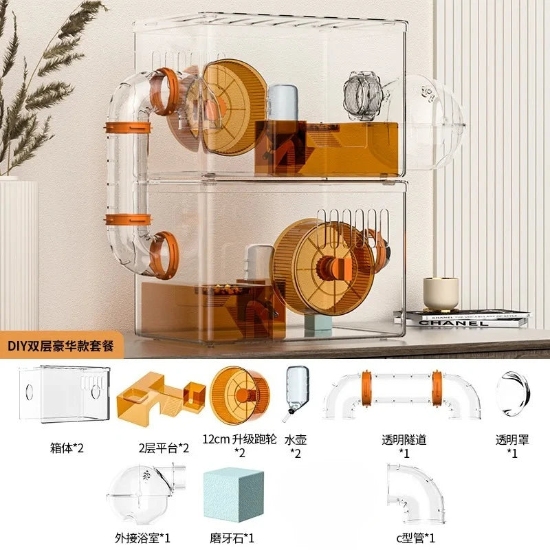 Acrylic Hamster Cage Transparent Habitat with Silent Running Wheel Large Space Enclosure for Hamster Easy-Clean Animal Home