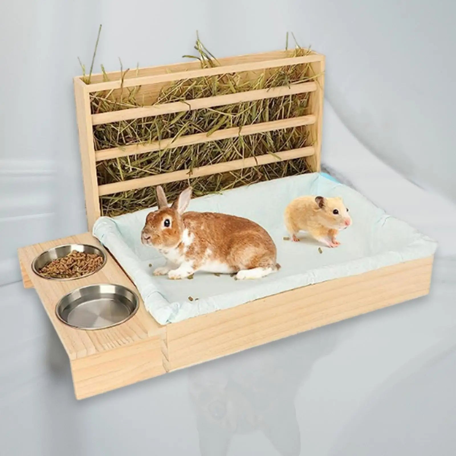 Bunny Hay Manger Food Dispenser Wooden Rabbit Hay Feeder with Litter Box Bowls Water Feeder for Bunnies Hamster Small Animals