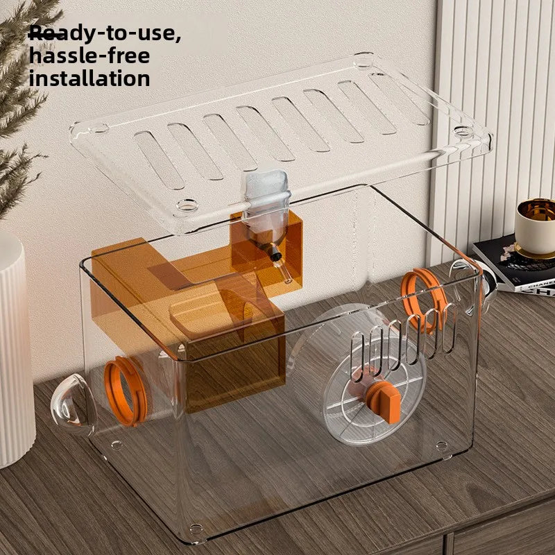 Acrylic Hamster Cage Transparent Habitat with Silent Running Wheel Large Space Enclosure for Hamster Easy-Clean Animal Home