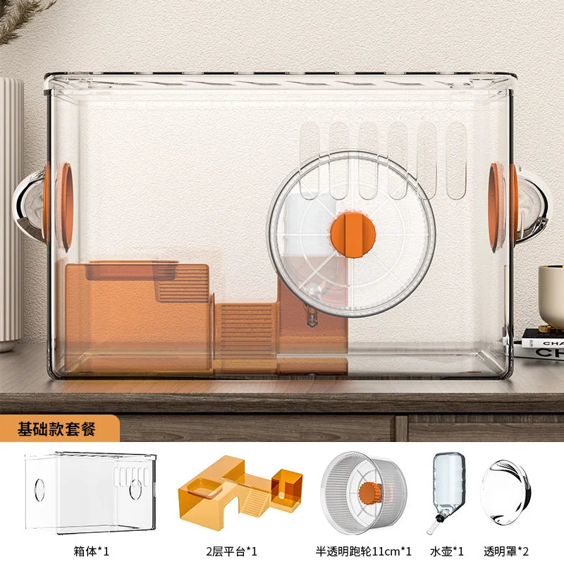 Acrylic Hamster Cage Transparent Habitat with Silent Running Wheel Large Space Enclosure for Hamster Easy-Clean Animal Home