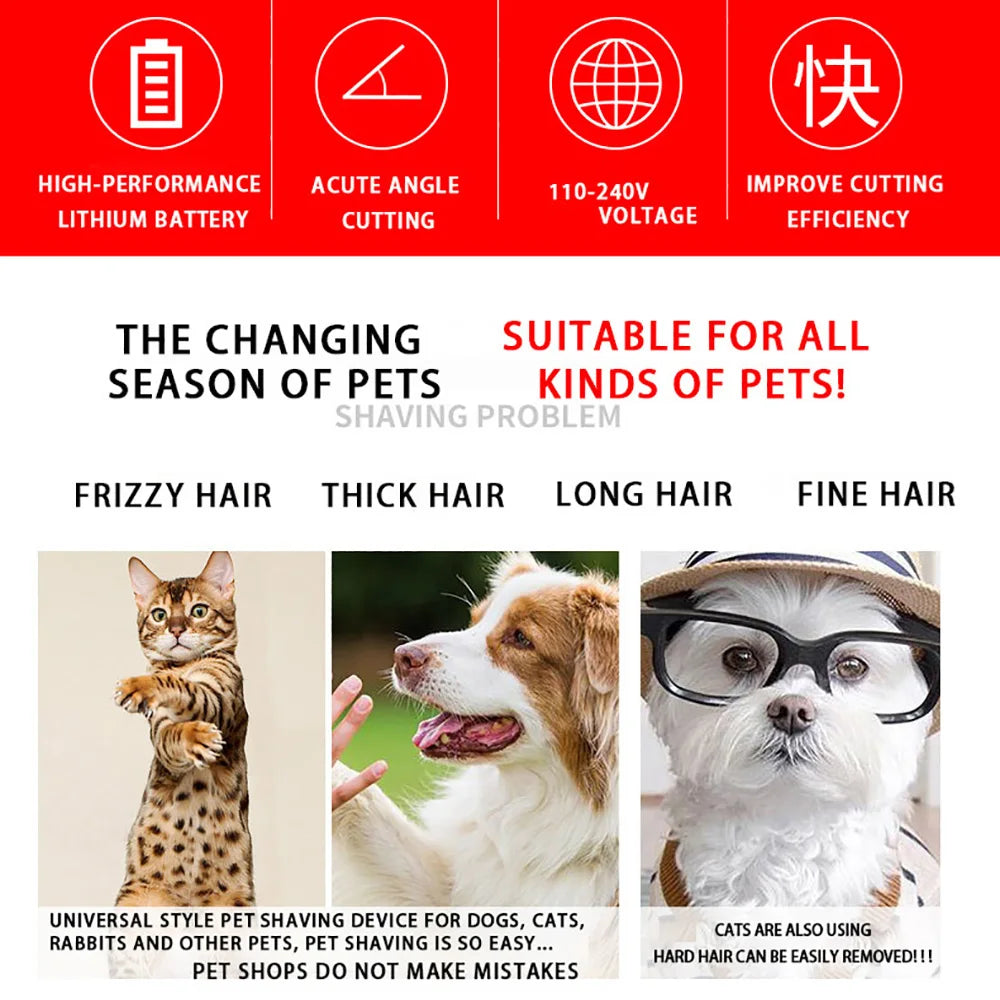 Advertisement for a pet grooming device with images of pets and text highlighting features and uses.