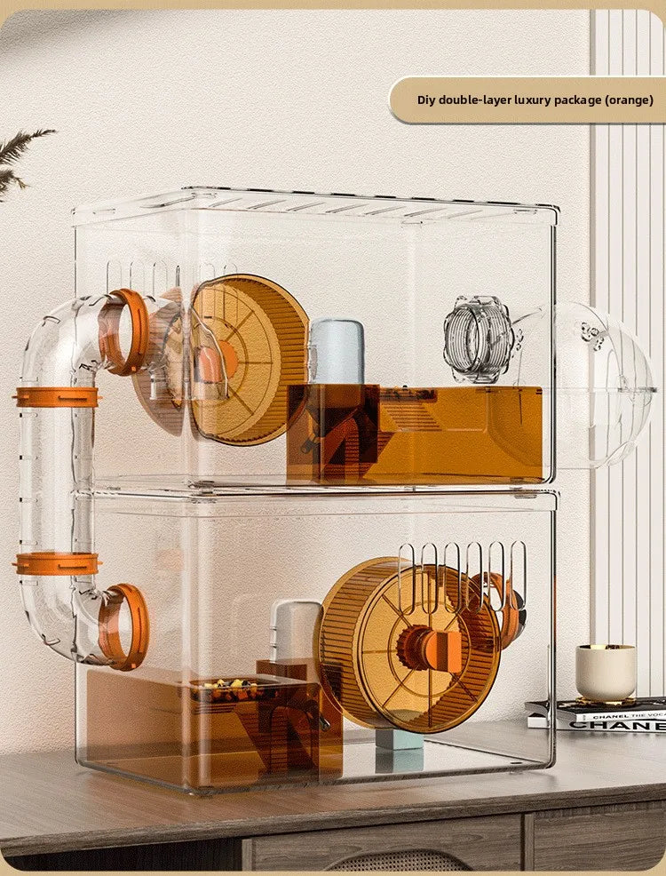 Acrylic Hamster Cage Transparent Habitat with Silent Running Wheel Large Space Enclosure for Hamster Easy-Clean Animal Home