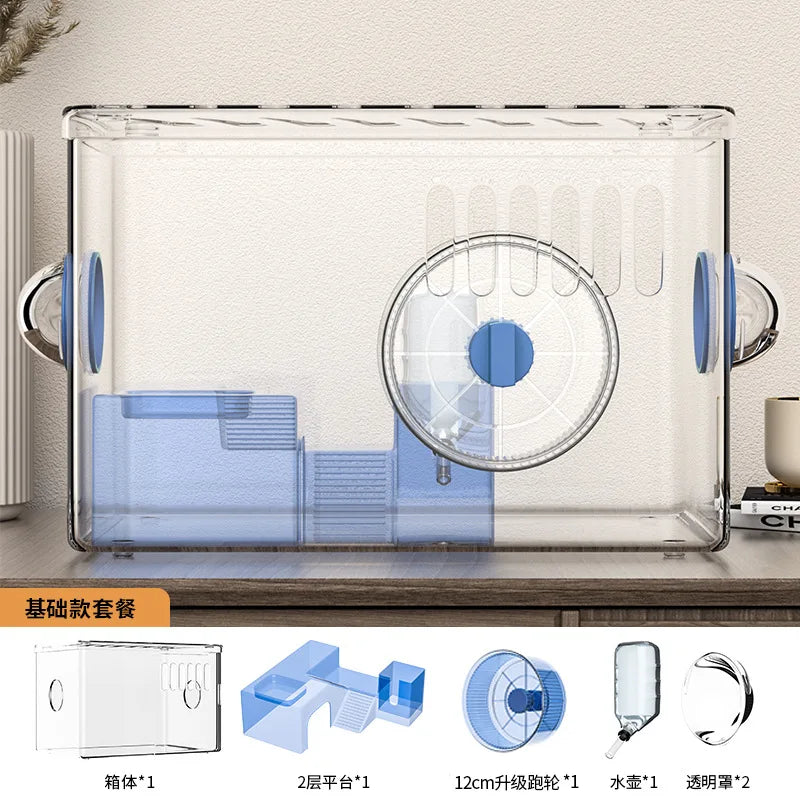 Acrylic Hamster Cage Transparent Habitat with Silent Running Wheel Large Space Enclosure for Hamster Easy-Clean Animal Home