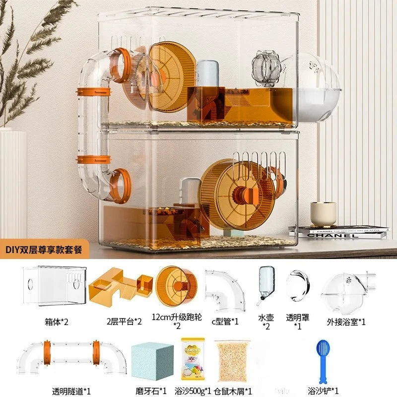 Acrylic Hamster Cage Transparent Habitat with Silent Running Wheel Large Space Enclosure for Hamster Easy-Clean Animal Home