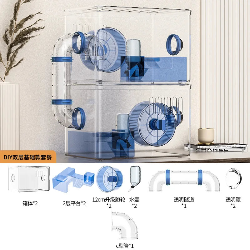 Acrylic Hamster Cage Transparent Habitat with Silent Running Wheel Large Space Enclosure for Hamster Easy-Clean Animal Home