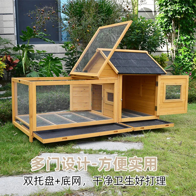 Outdoor Solid Wood Rabbit Cage - Multi-Level Hutch with Anti-Spray Design & Drawer
