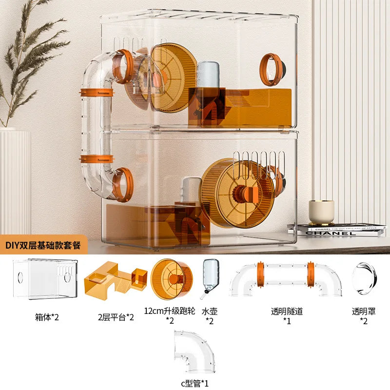 Acrylic Hamster Cage Transparent Habitat with Silent Running Wheel Large Space Enclosure for Hamster Easy-Clean Animal Home