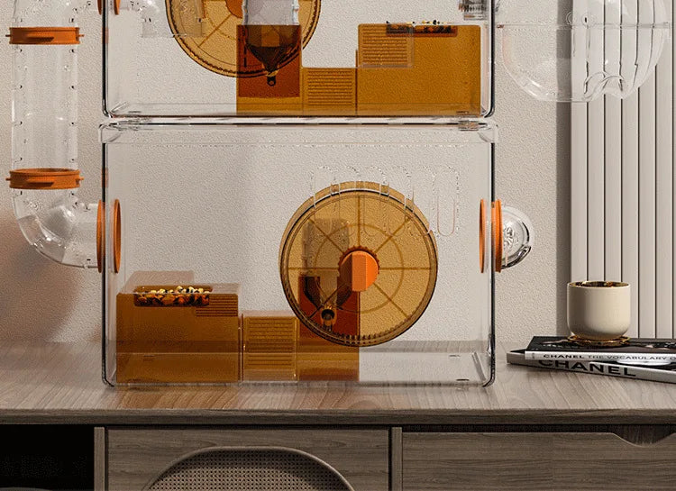 Acrylic Hamster Cage Transparent Habitat with Silent Running Wheel Large Space Enclosure for Hamster Easy-Clean Animal Home