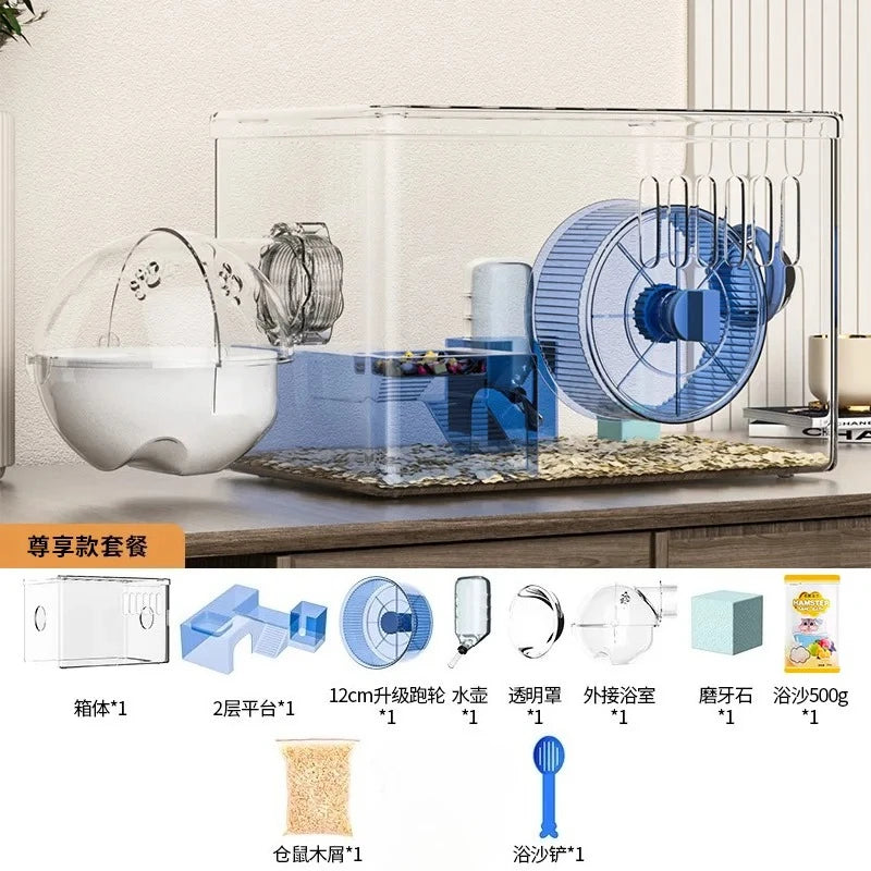 Acrylic Hamster Cage Transparent Habitat with Silent Running Wheel Large Space Enclosure for Hamster Easy-Clean Animal Home