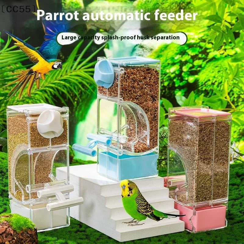 Automatic Bird Feeder - Clear Acrylic Cage Feeder for Parrots, Budgies & Cockatiels