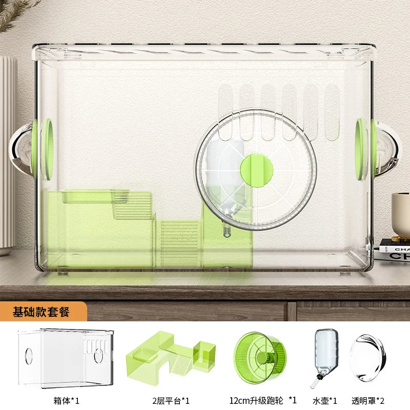 Acrylic Hamster Cage Transparent Habitat with Silent Running Wheel Large Space Enclosure for Hamster Easy-Clean Animal Home