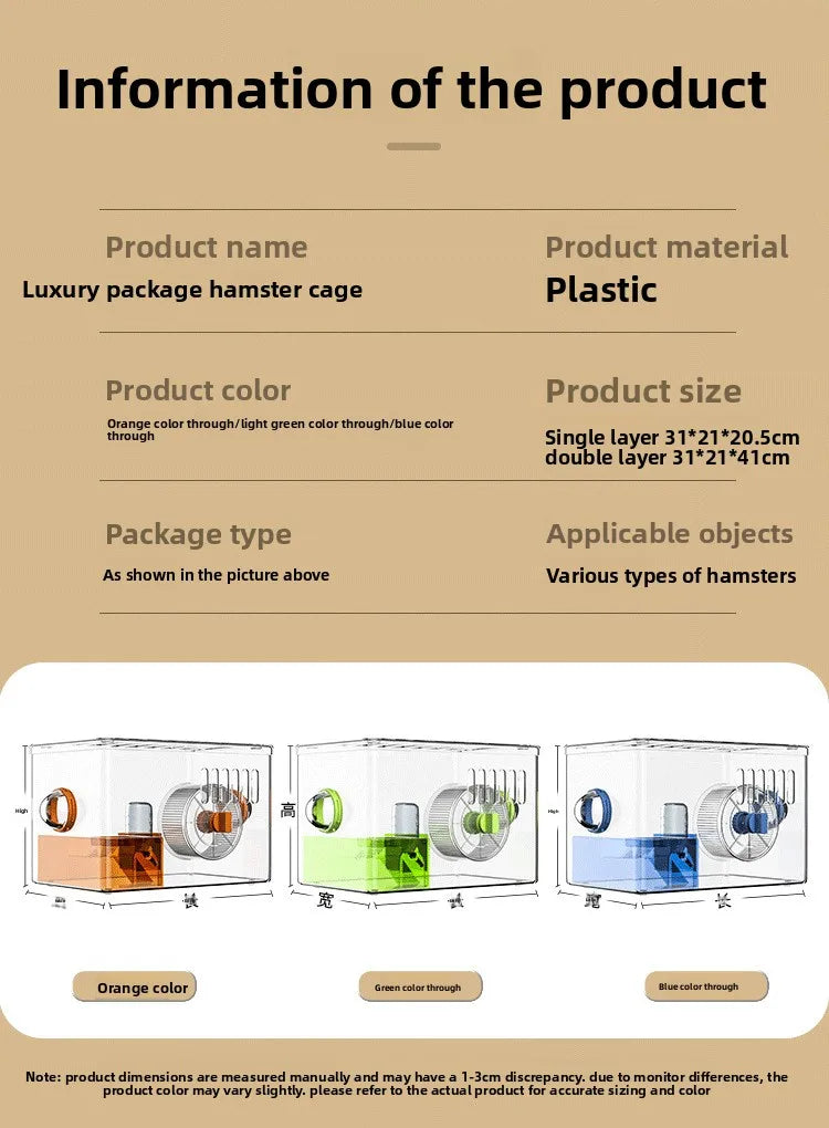 Acrylic Hamster Cage Transparent Habitat with Silent Running Wheel Large Space Enclosure for Hamster Easy-Clean Animal Home