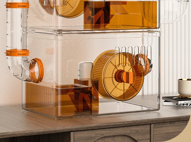 Acrylic Hamster Cage Transparent Habitat with Silent Running Wheel Large Space Enclosure for Hamster Easy-Clean Animal Home