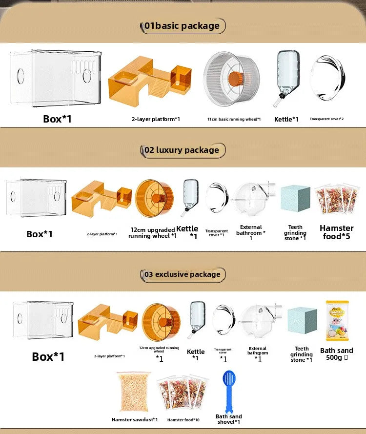 Acrylic Hamster Cage Transparent Habitat with Silent Running Wheel Large Space Enclosure for Hamster Easy-Clean Animal Home
